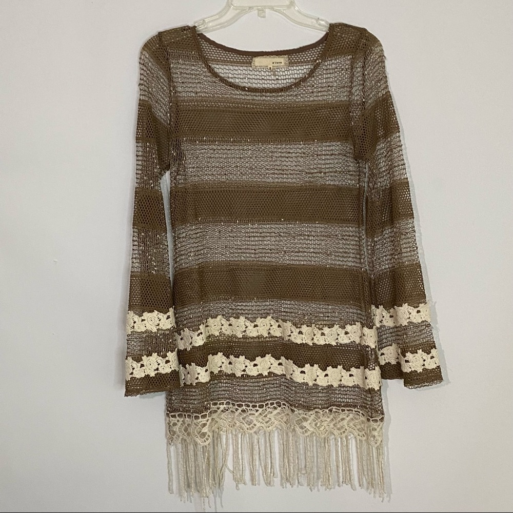 A’reve Size S Layer Look Top open weave sweater w/ crochet flowers Fringe Boho